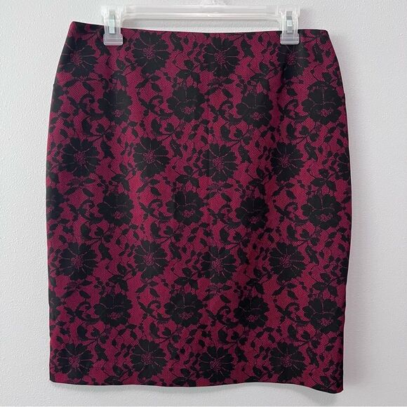 Express Dresses & Skirts - Express Black and Burgundy/Red Floral Pencil Skirt Size 9/10